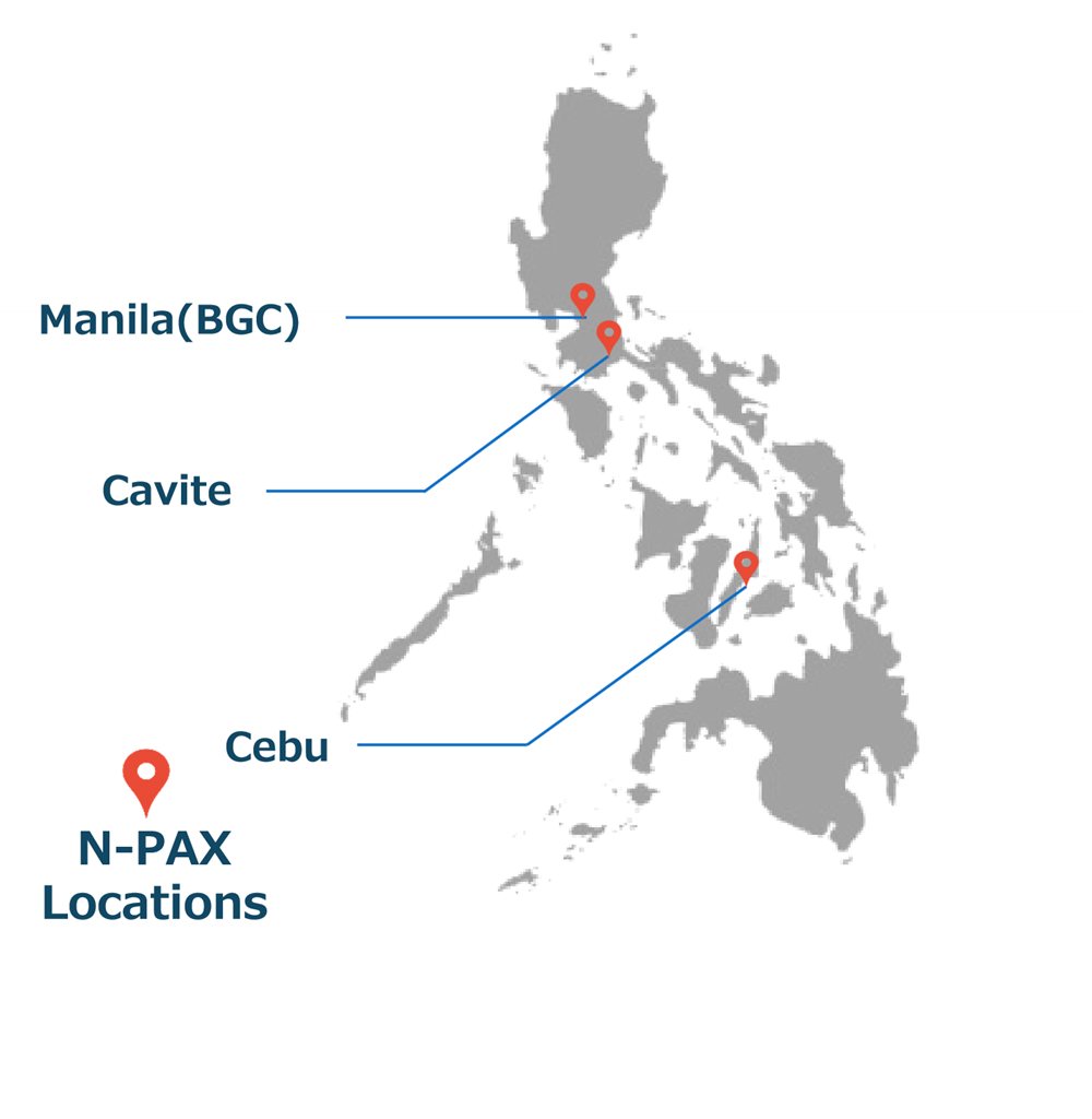 Map of the Philippines marking N-PAX locations in Manila (BGC), Cavite and Cebu