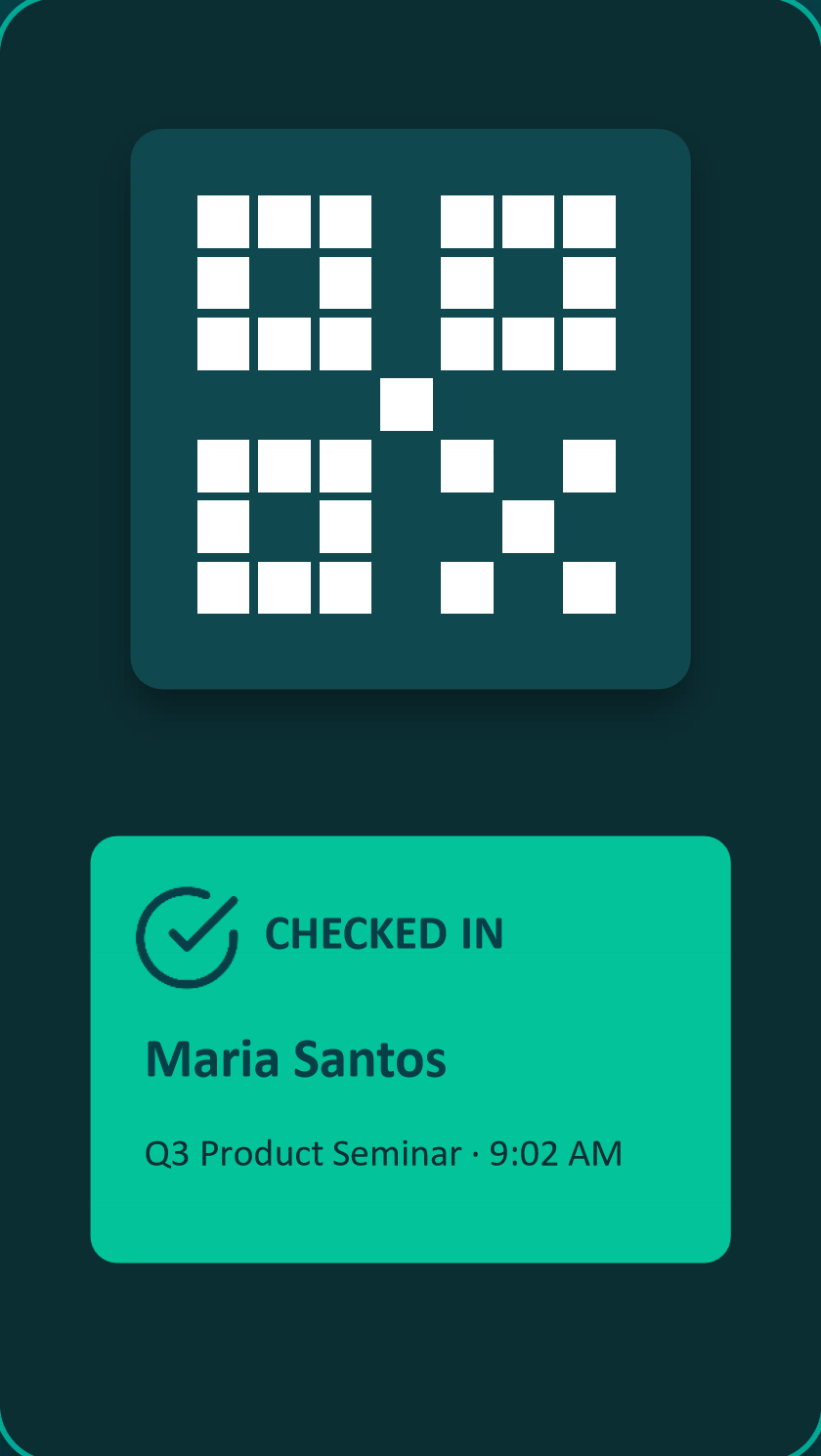 A phone showing a scanned QR pass and a Checked in confirmation