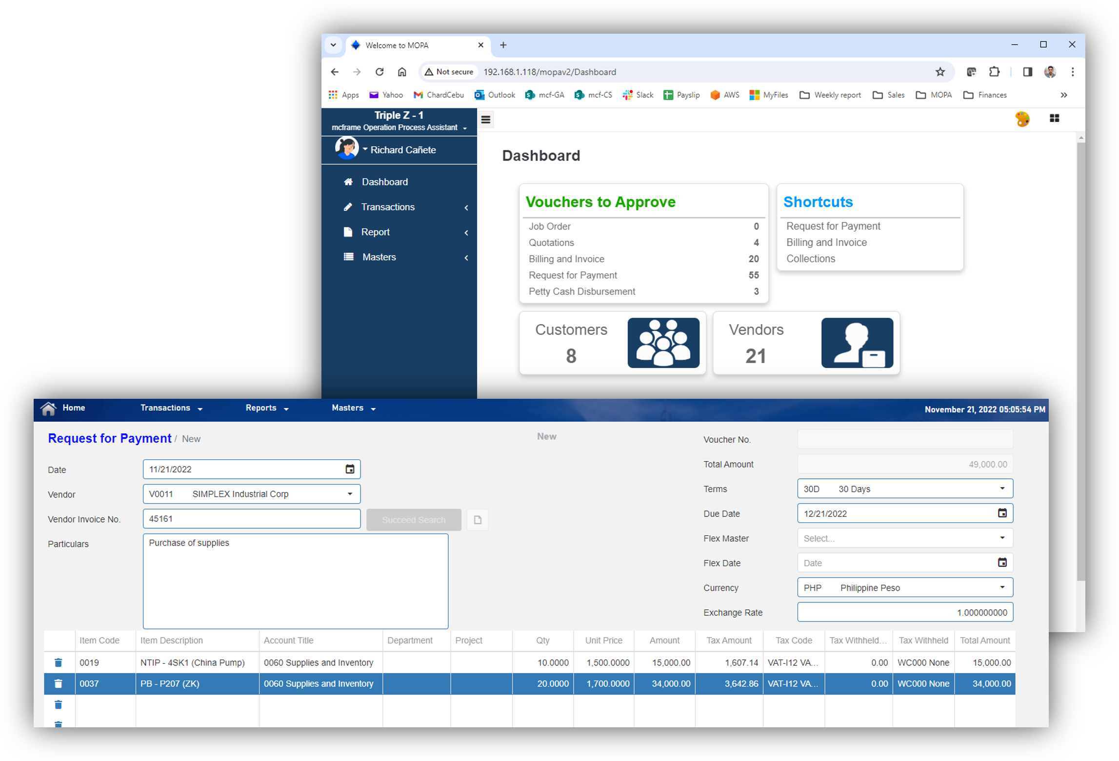 MOPA dashboard with vouchers to approve, and a Request for Payment form